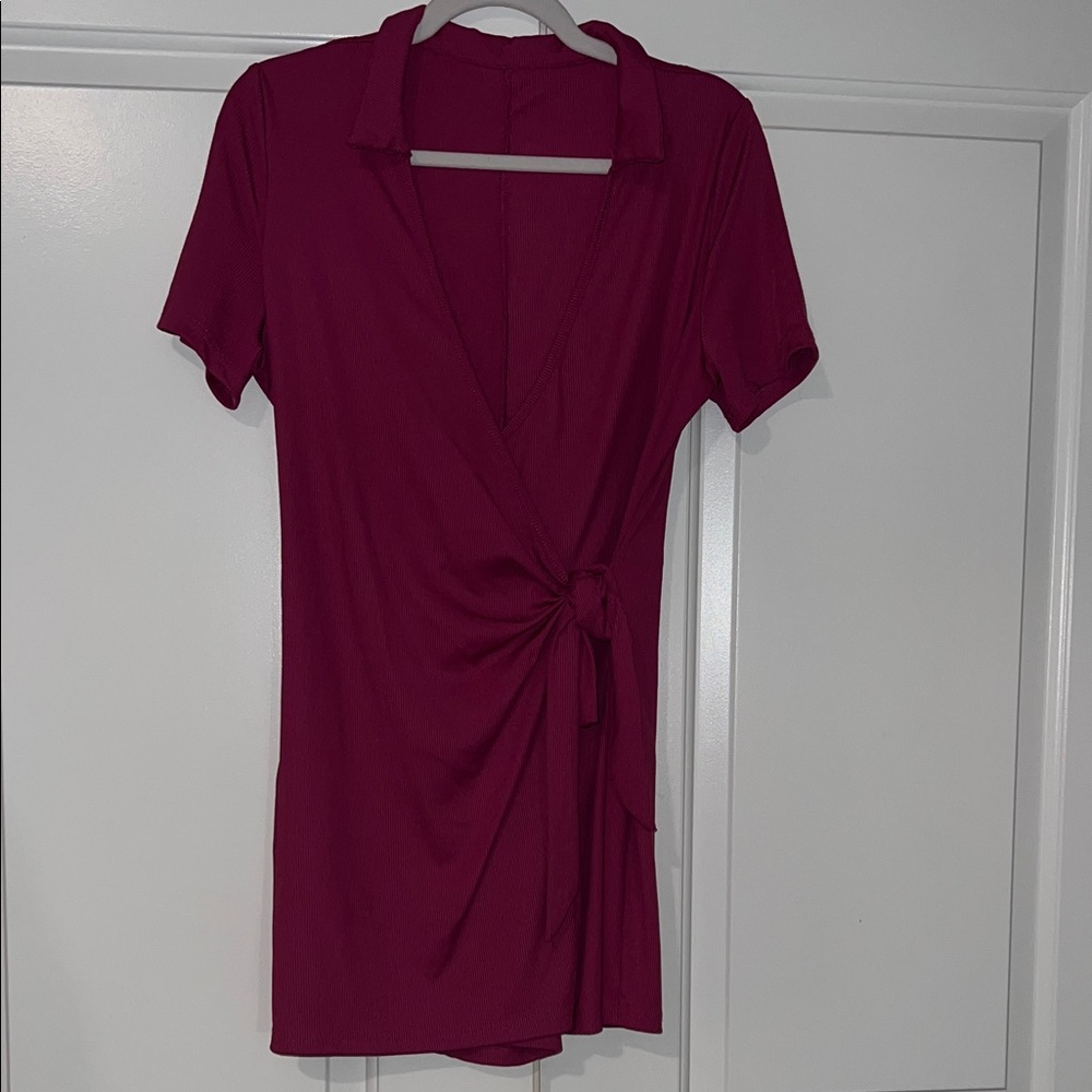 Wrap-Style Short Sleeve Skort Romper in Deep Wine